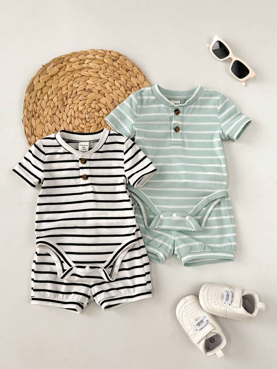 Striped Bodysuit and Shorts 4 Piece Outfit Set for Cute Summer Daily Wear