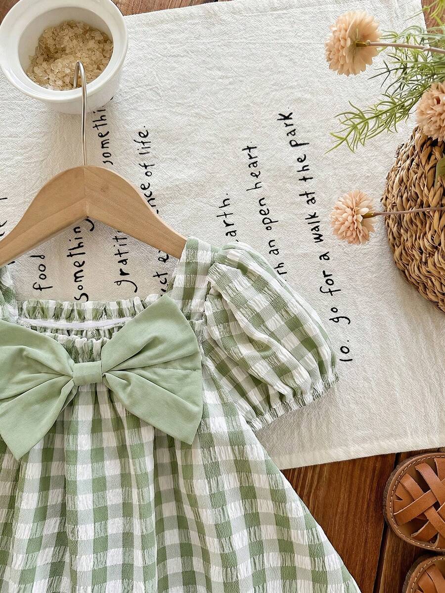 Baby Girl Plaid Bow Detail Short Sleeve Dress Cute Summer Vacation Outfit