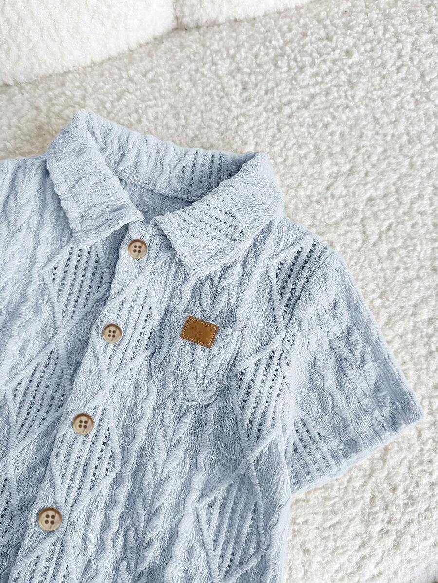Baby Boy 2pcs Knit Jacquard Summer Set - Short Sleeve Shirt & Elastic Shorts