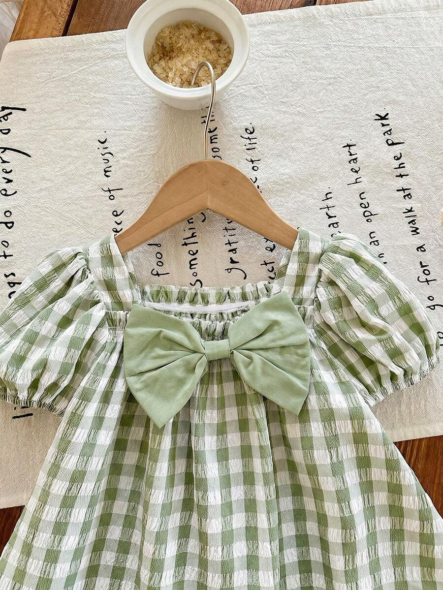 Green Plaid Short Sleeve Dress for Baby Girls - Cute Bow Accent Summer Outfit