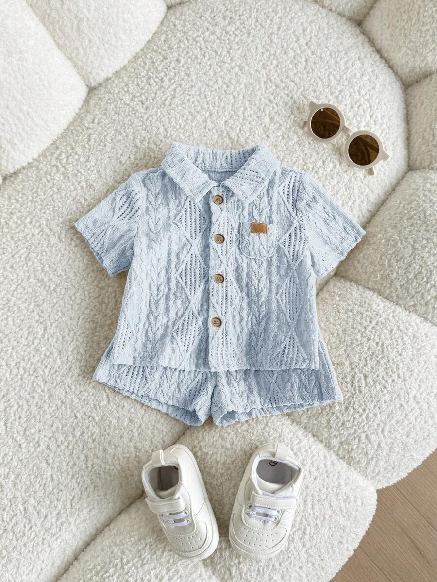 Baby Boy 2pcs Knit Jacquard Summer Set - Short Sleeve Shirt & Elastic Shorts