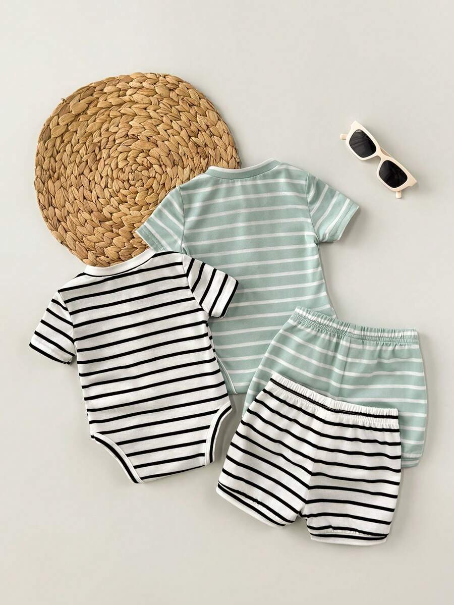 Striped Bodysuit and Shorts 4 Piece Outfit Set for Cute Summer Daily Wear