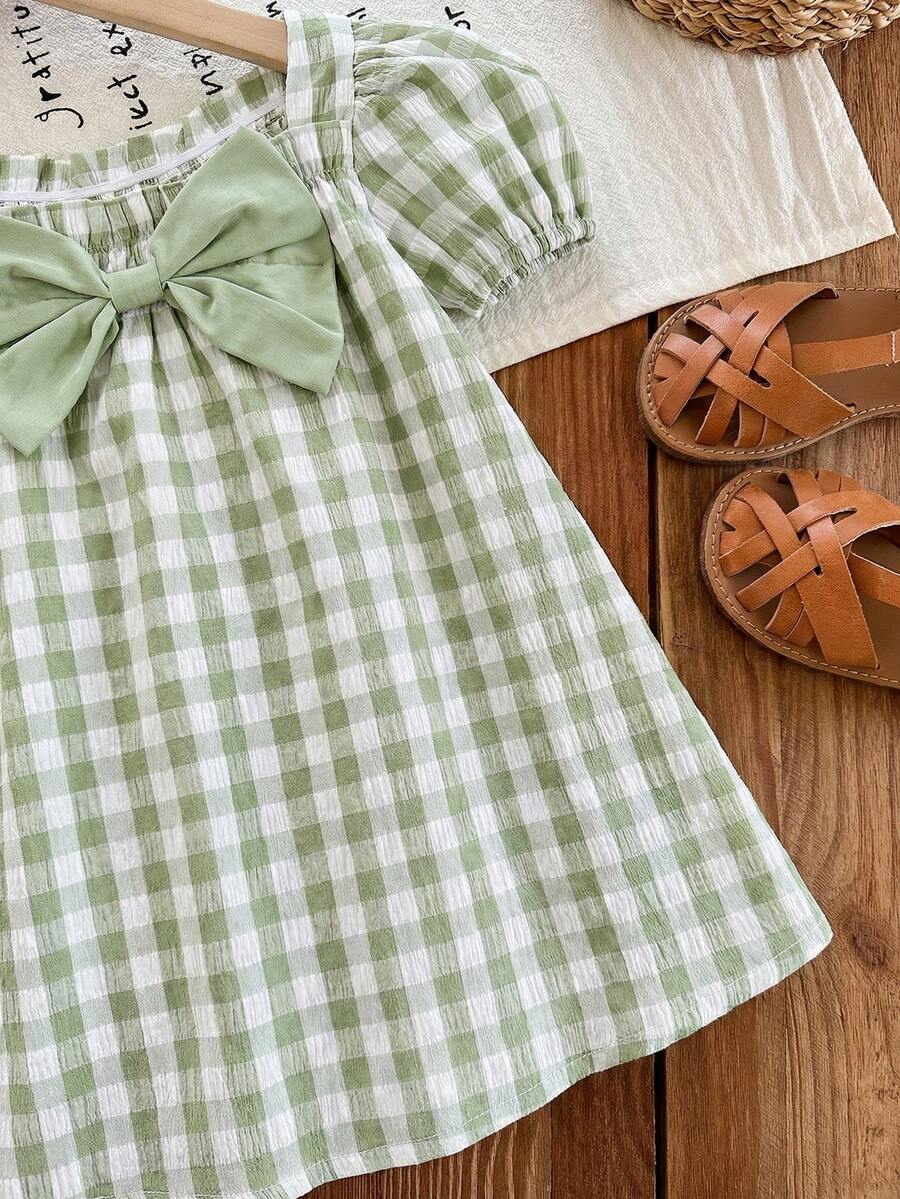 Baby Girl Plaid Bow Detail Short Sleeve Dress Cute Summer Vacation Outfit