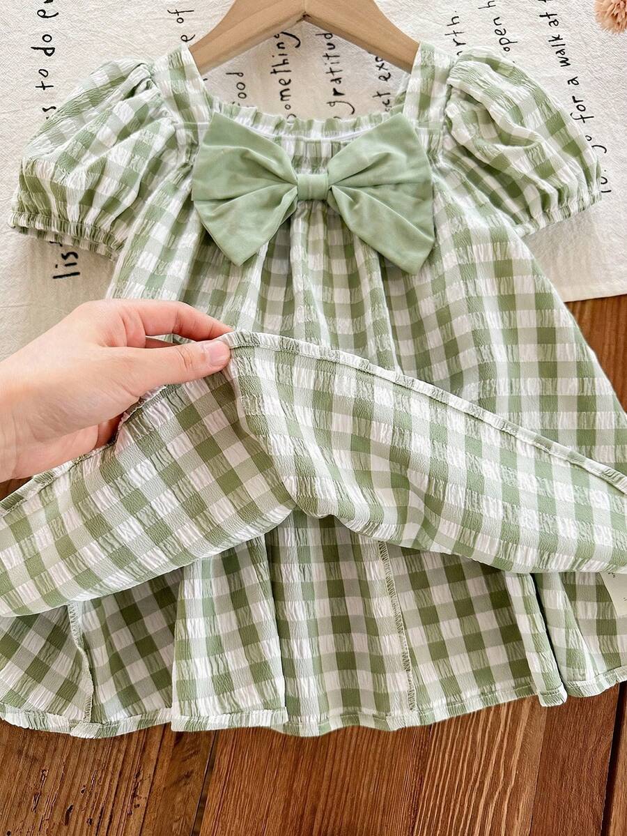 Green Plaid Short Sleeve Dress for Baby Girls - Cute Bow Accent Summer Outfit