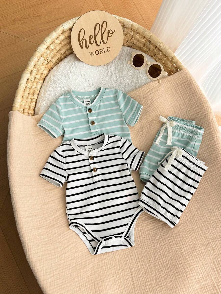Striped Bodysuit and Shorts 4 Piece Outfit Set for Cute Summer Daily Wear