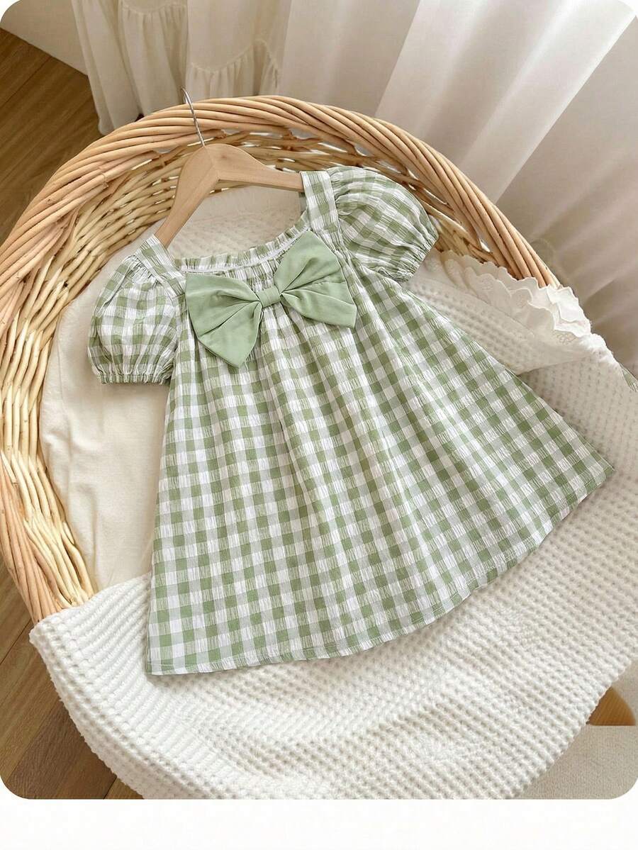 Baby Girl Plaid Bow Detail Short Sleeve Dress Cute Summer Vacation Outfit