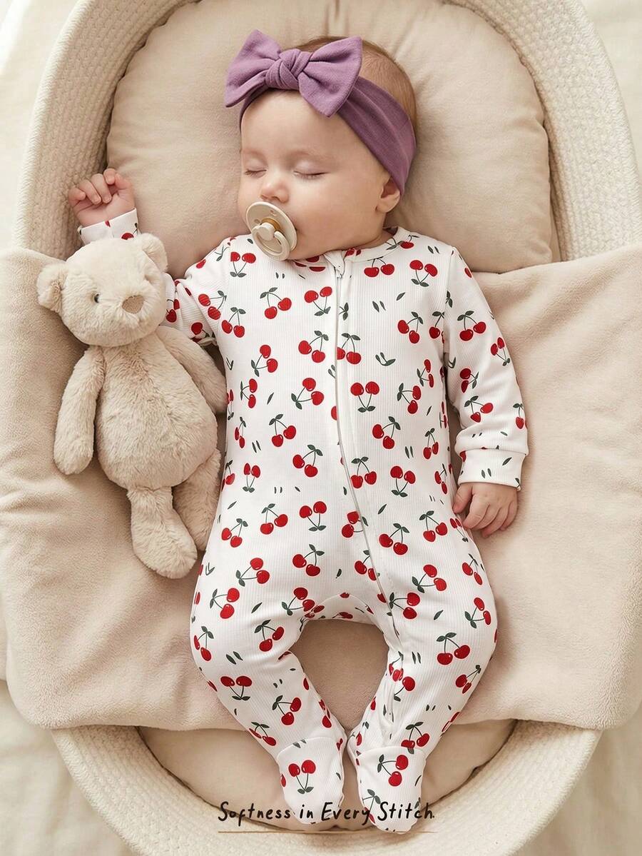 Floral Print Baby Girl Knit Romper with Long Sleeve Crew Neck Design
