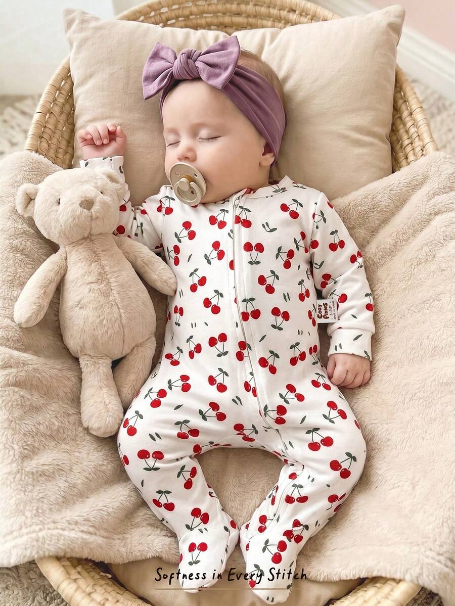 Floral Print Baby Girl Knit Romper with Long Sleeve Crew Neck Design