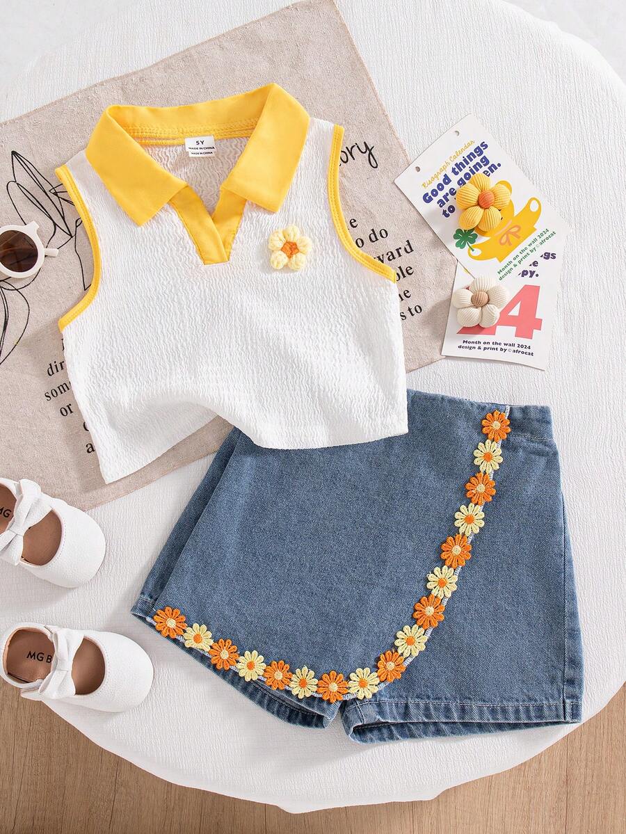 Toddler Girls Textured Knit Vest Top And Denim Skort Flower Embroidered Summer Outfit Set