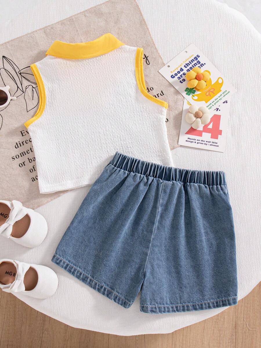 Toddler Girls Textured Knit Vest Top And Denim Skort Flower Embroidered Summer Outfit Set