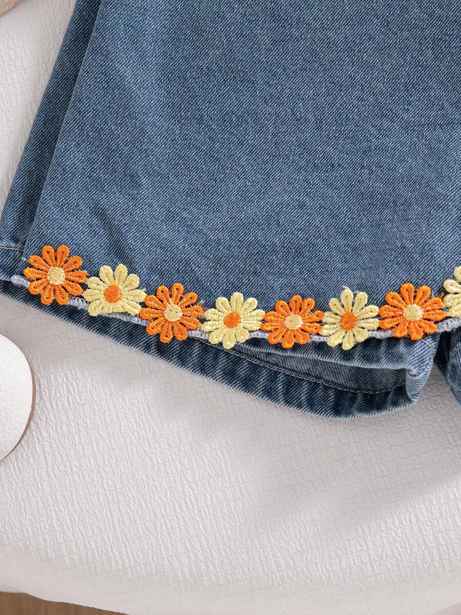 Toddler Girls Textured Knit Vest Top And Denim Skort Flower Embroidered Summer Outfit Set