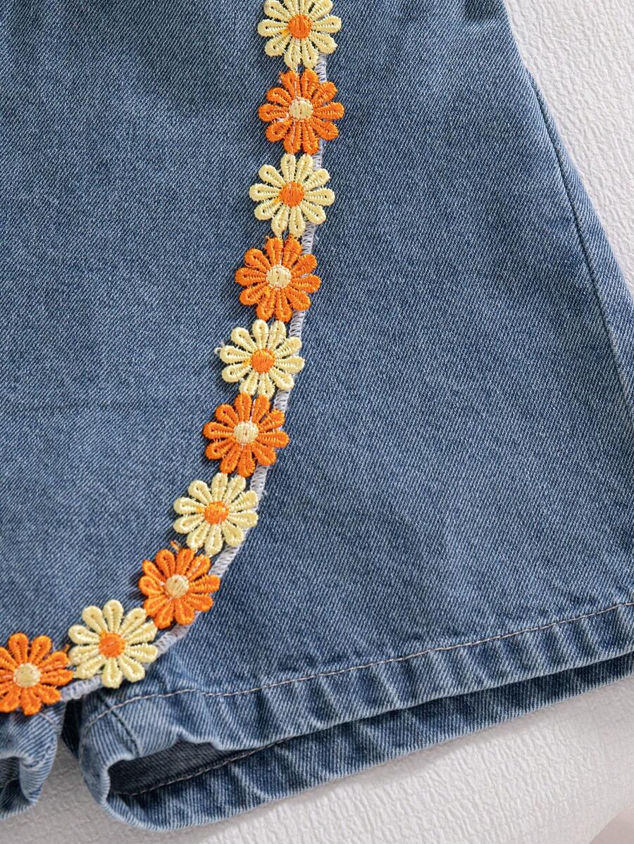 Toddler Girls Textured Knit Vest Top And Denim Skort Flower Embroidered Summer Outfit Set
