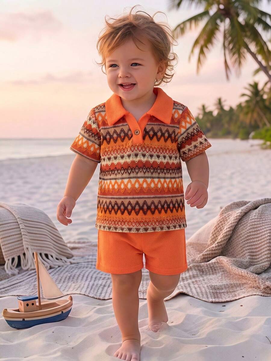 Playful Pals Baby Boy Khaki OOTD: Textured V-Neck and Striped Outfit