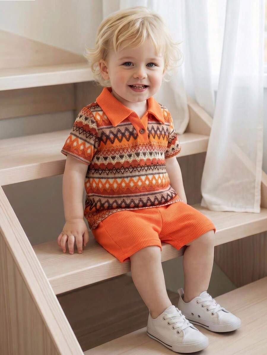 Playful Pals Baby Boy Khaki OOTD: Textured V-Neck and Striped Outfit