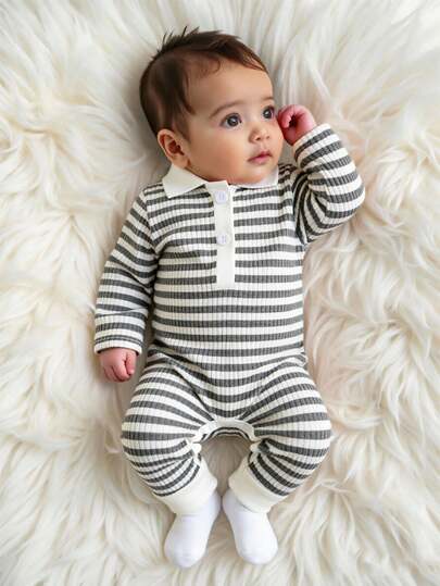 Baby Striped Collar Long Sleeve Jumpsuit for Cozy Daily Wear in Fall and Winter