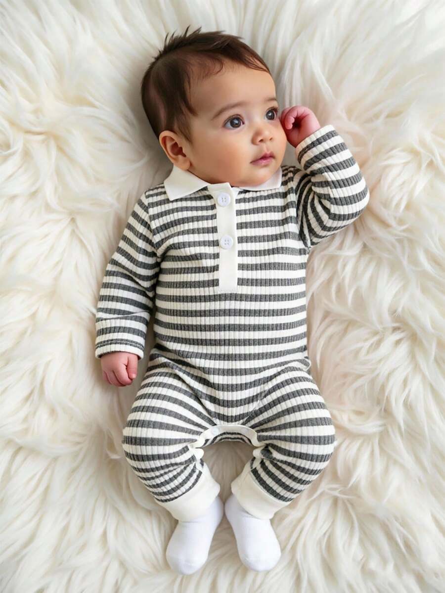 Baby Striped Collar Long Sleeve Jumpsuit for Cozy Daily Wear in Fall and Winter
