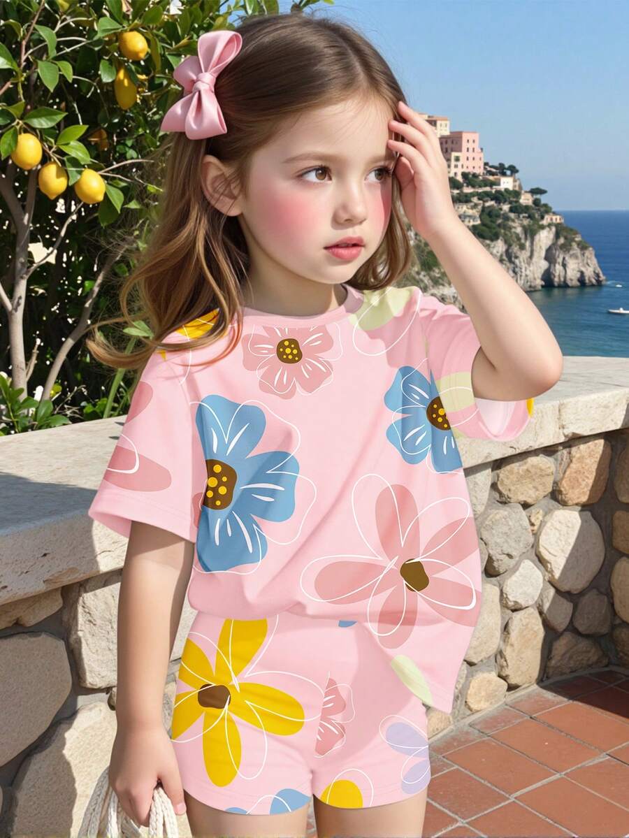 Vacation Ready Floral Print Set For Baby Girls With Tee And Shorts