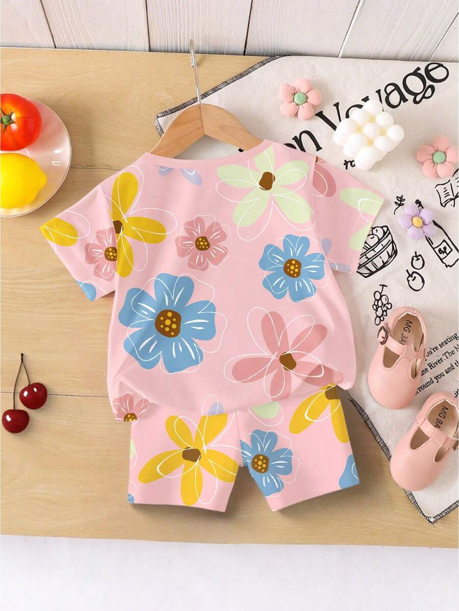 Vacation Ready Floral Print Set For Baby Girls With Tee And Shorts
