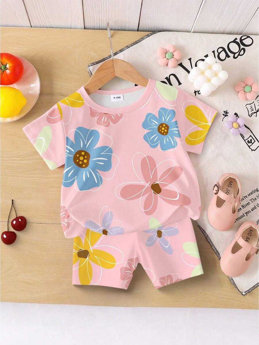 Vacation Ready Floral Print Set For Baby Girls With Tee And Shorts