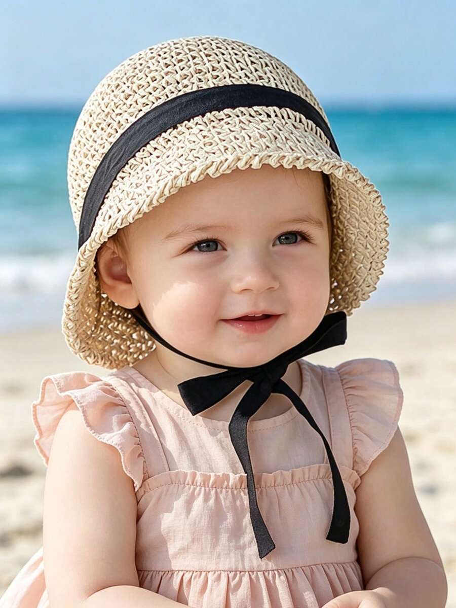 1pc Knitted Lace Bow Sun Hat for Baby and Toddler Casual Wear