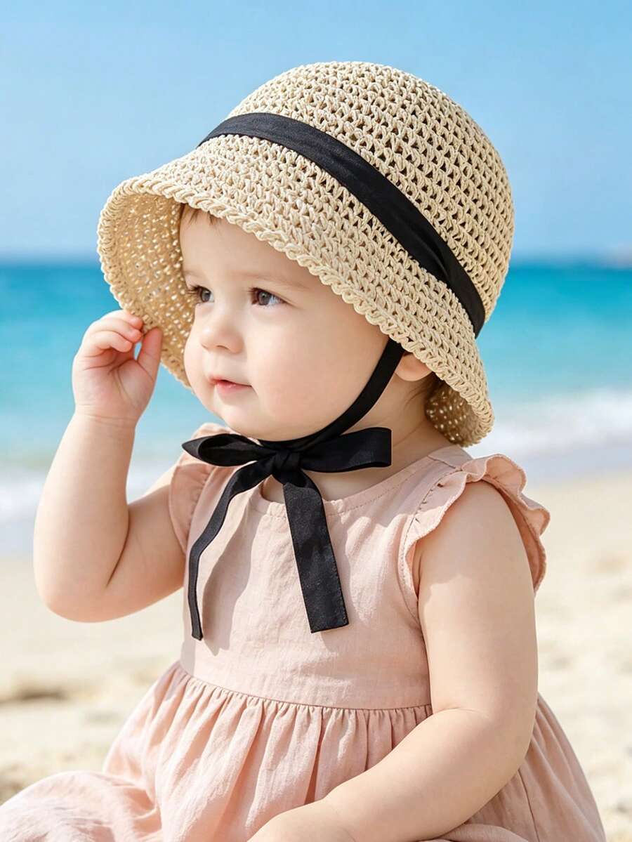 1pc Knitted Lace Bow Sun Hat for Baby and Toddler Casual Wear