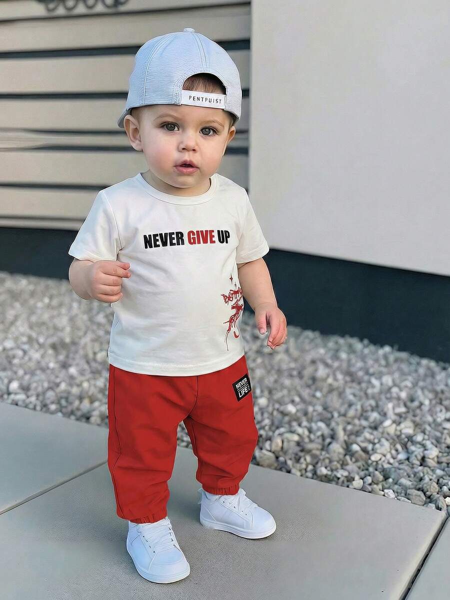 Baby Boy Letter Print T Shirt and Large Pocket Pants 2 Piece Casual Outfit Set for Spring Summer Autumn