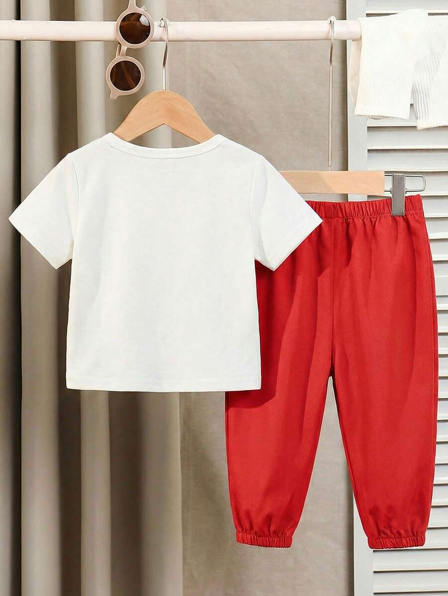 Baby Boy Letter Print T Shirt and Large Pocket Pants 2 Piece Casual Outfit Set for Spring Summer Autumn