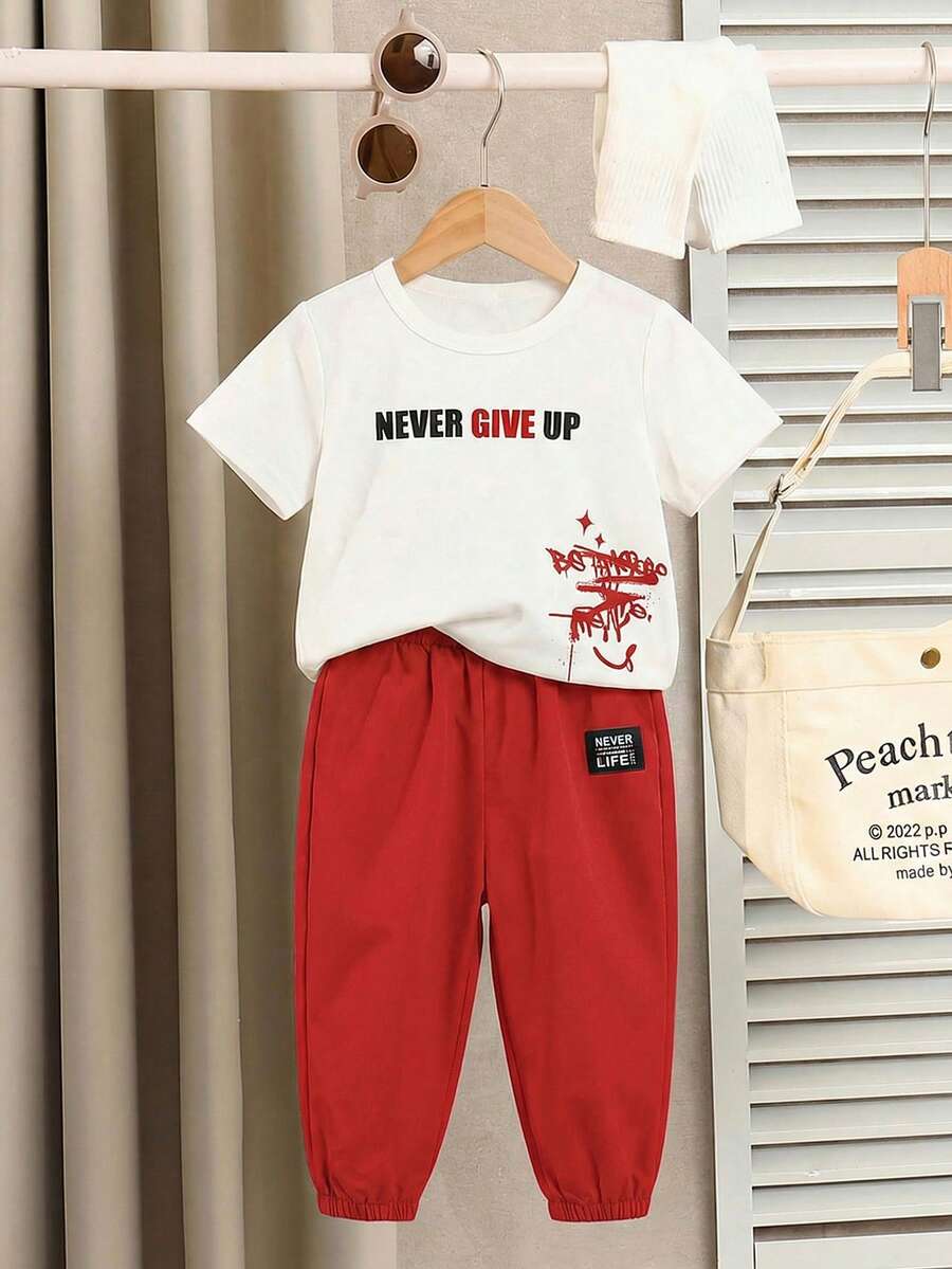 Baby Boy Letter Print T Shirt and Large Pocket Pants 2 Piece Casual Outfit Set for Spring Summer Autumn