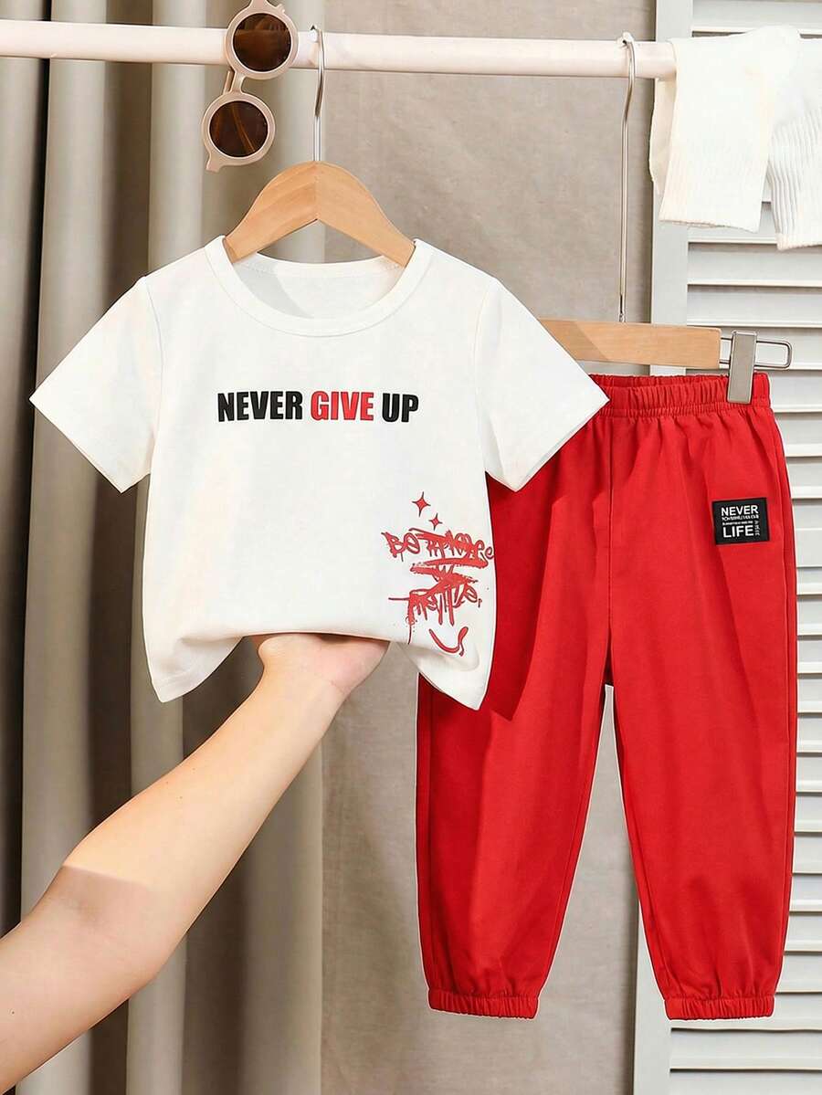 Baby Boy Letter Print T Shirt and Large Pocket Pants 2 Piece Casual Outfit Set for Spring Summer Autumn