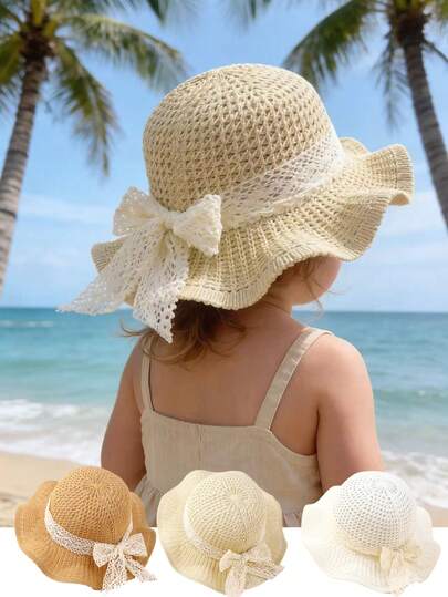 1pc Large Brim Lace Bow Sun Hat for Kids Outdoor Wear