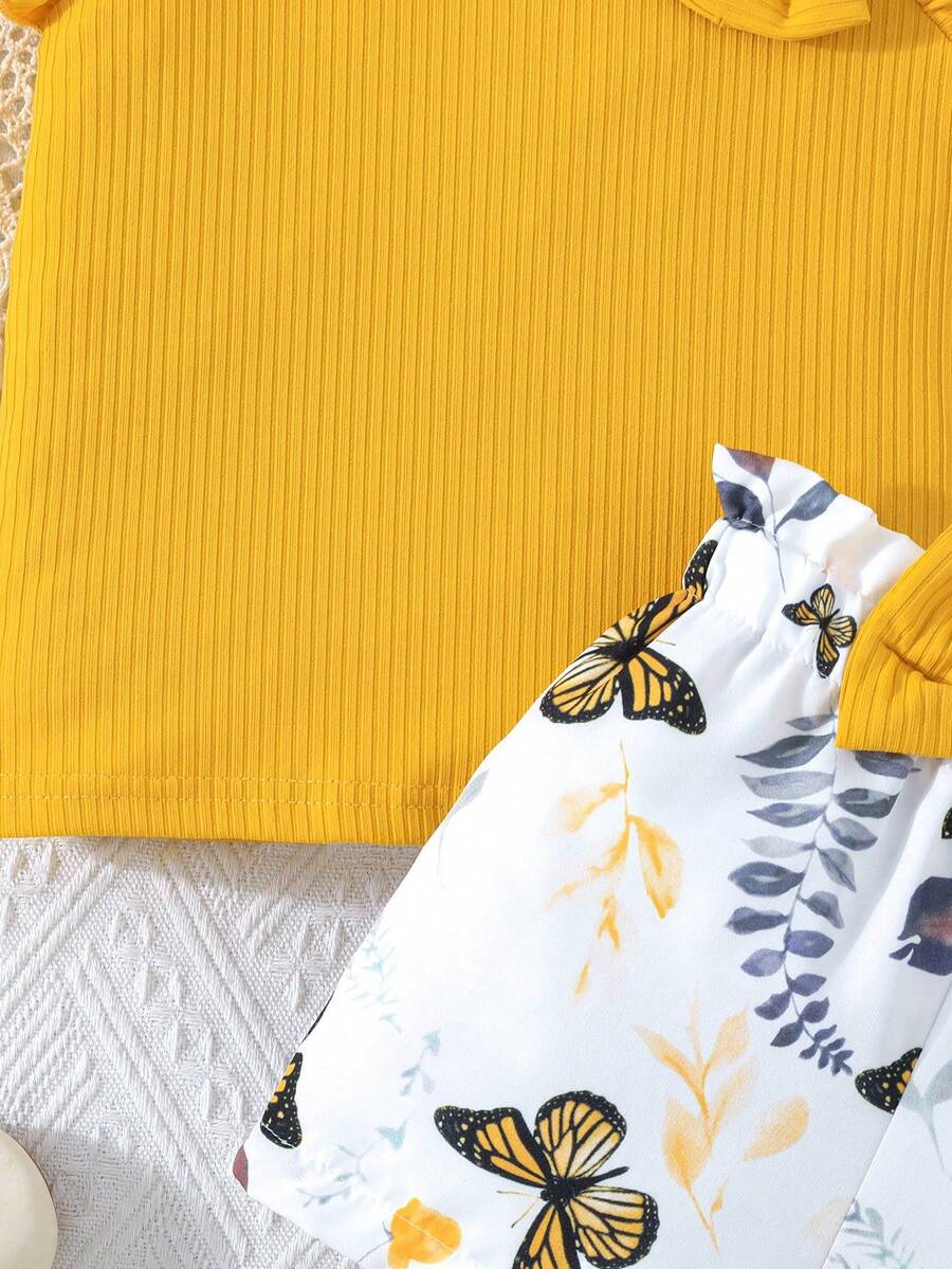 Infant Girls Cap Sleeve Bow Top with Butterfly Print Shorts Summer Set