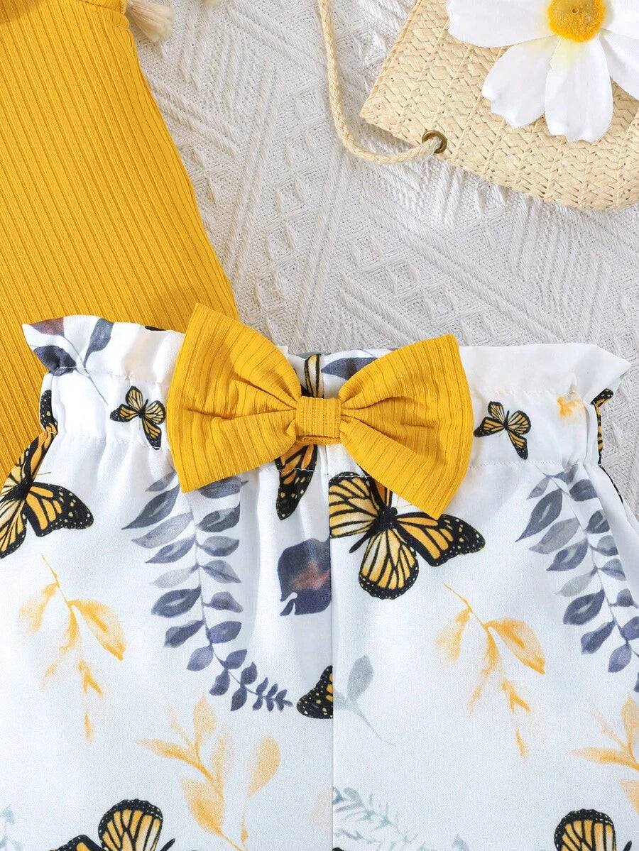 Infant Girls Cap Sleeve Bow Top with Butterfly Print Shorts Summer Set