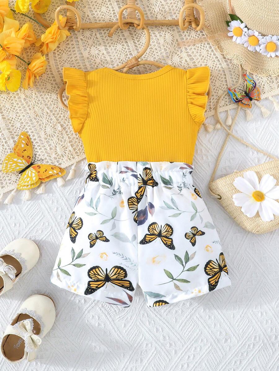 Infant Girls Cap Sleeve Bow Top with Butterfly Print Shorts Summer Set