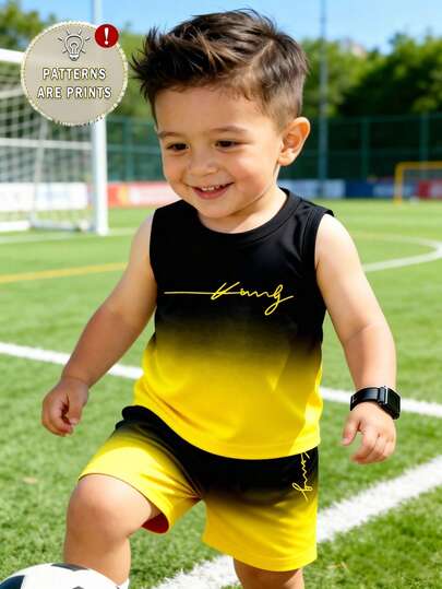 Baby Boy Gradient Logo Print Tank Top and Shorts 2 Piece Casual Summer Outfit Set
