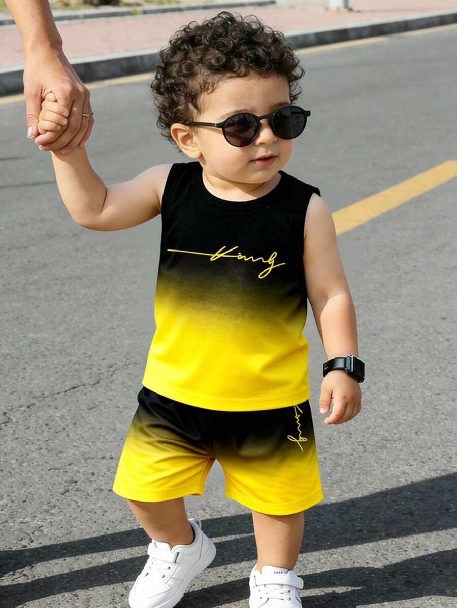 Baby Boy Gradient Logo Print Tank Top and Shorts 2 Piece Casual Summer Outfit Set