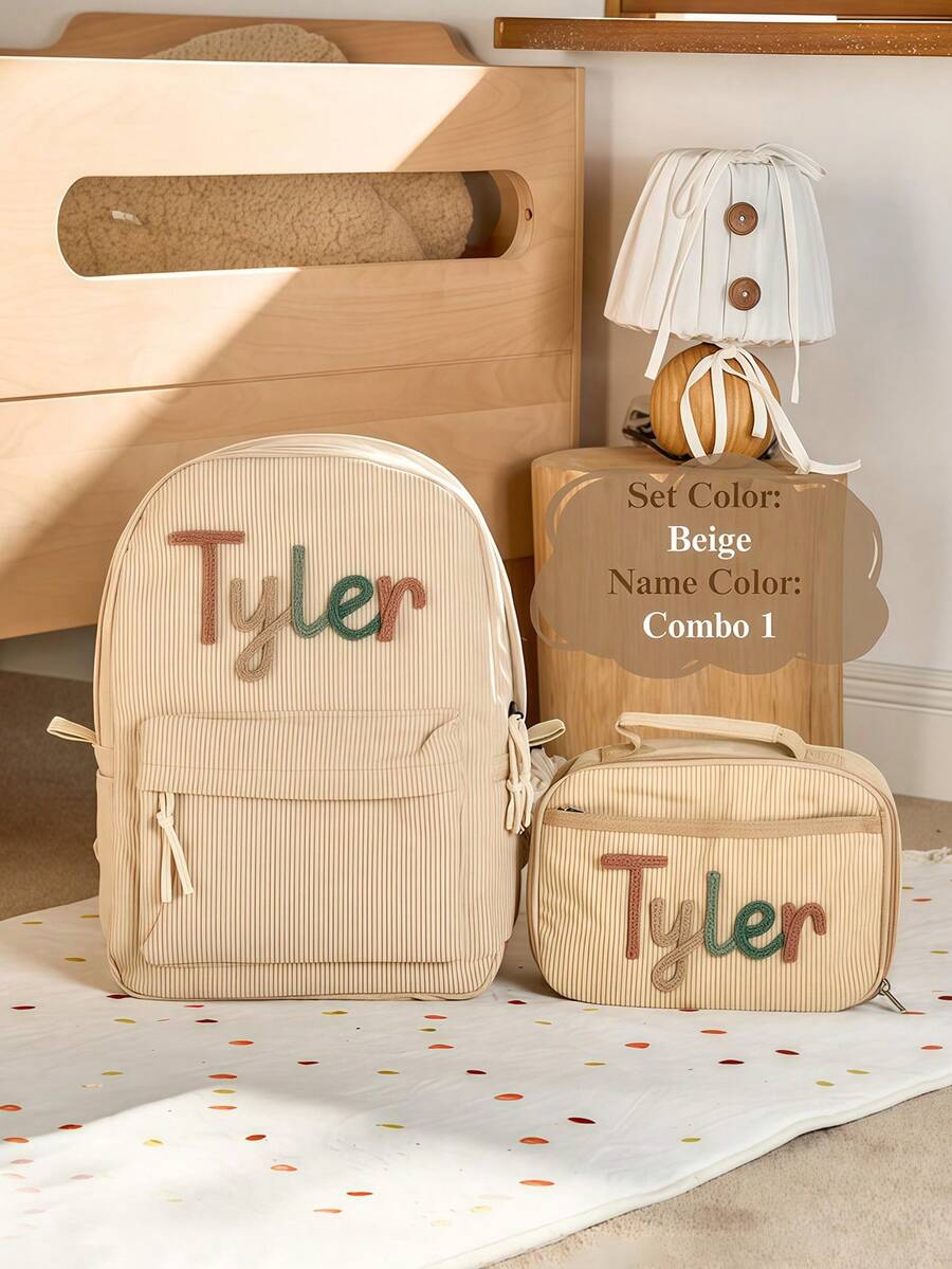 Personalized Kids Backpack and Lunch Box Set Custom Embroidered School Bag with Cute Animal Pendant