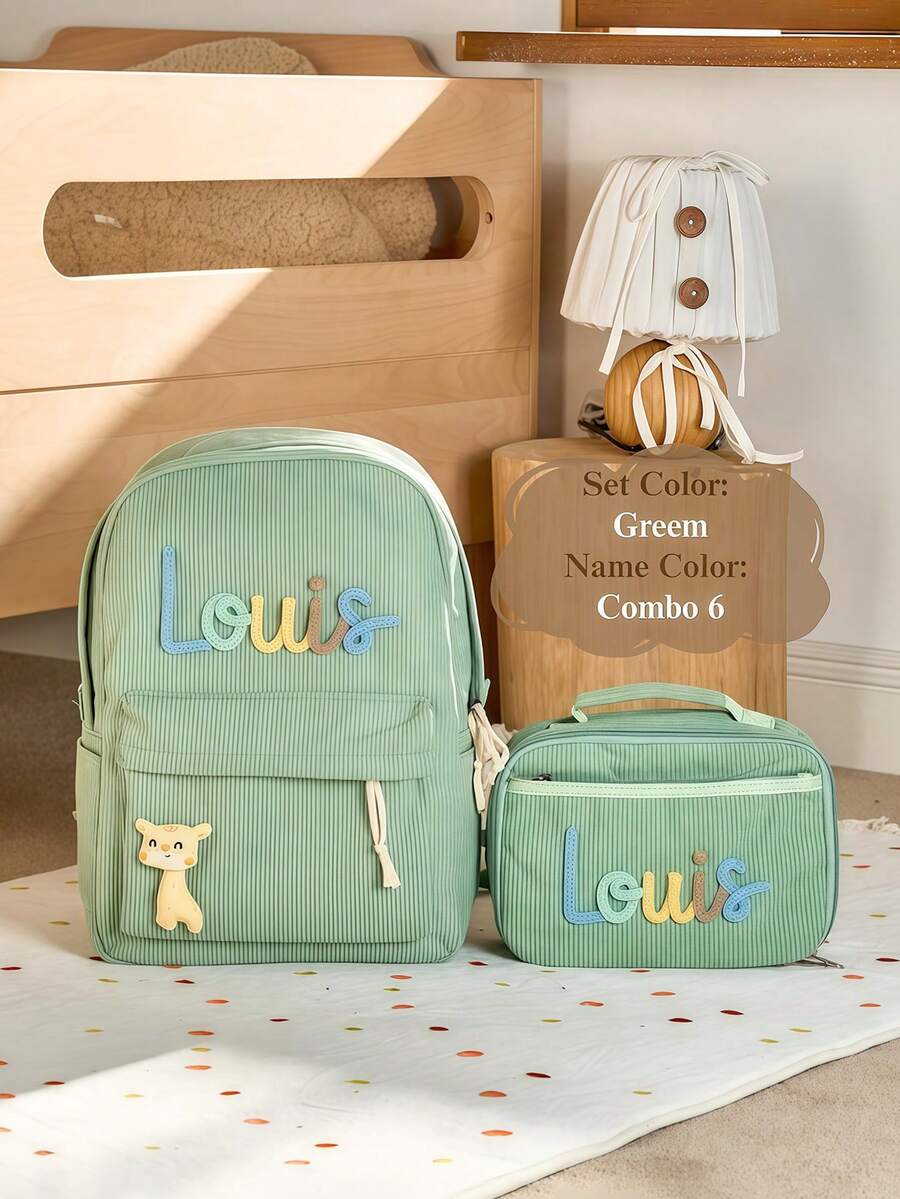 Personalized Kids Backpack and Lunch Box Set Custom Embroidered School Bag with Cute Animal Pendant