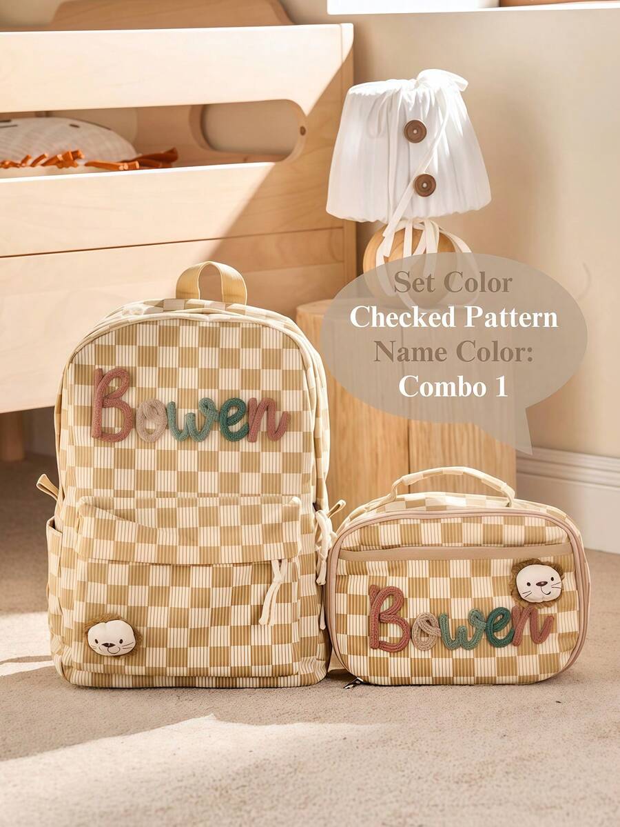 Personalized Kids Backpack and Lunch Box Set Custom Embroidered School Bag with Cute Animal Pendant