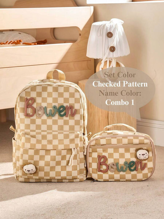 Personalized Kids Backpack and Lunch Box Set Custom Embroidered School Bag with Cute Animal Pendant