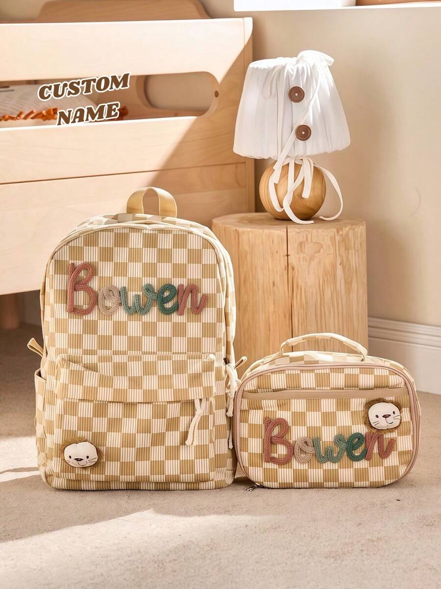 Personalized Kids Backpack and Lunch Box Set Custom Embroidered School Bag with Cute Animal Pendant