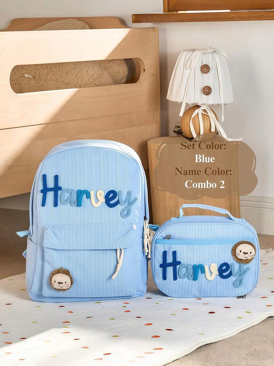 Personalized Kids Backpack and Lunch Box Set Custom Embroidered School Bag with Cute Animal Pendant