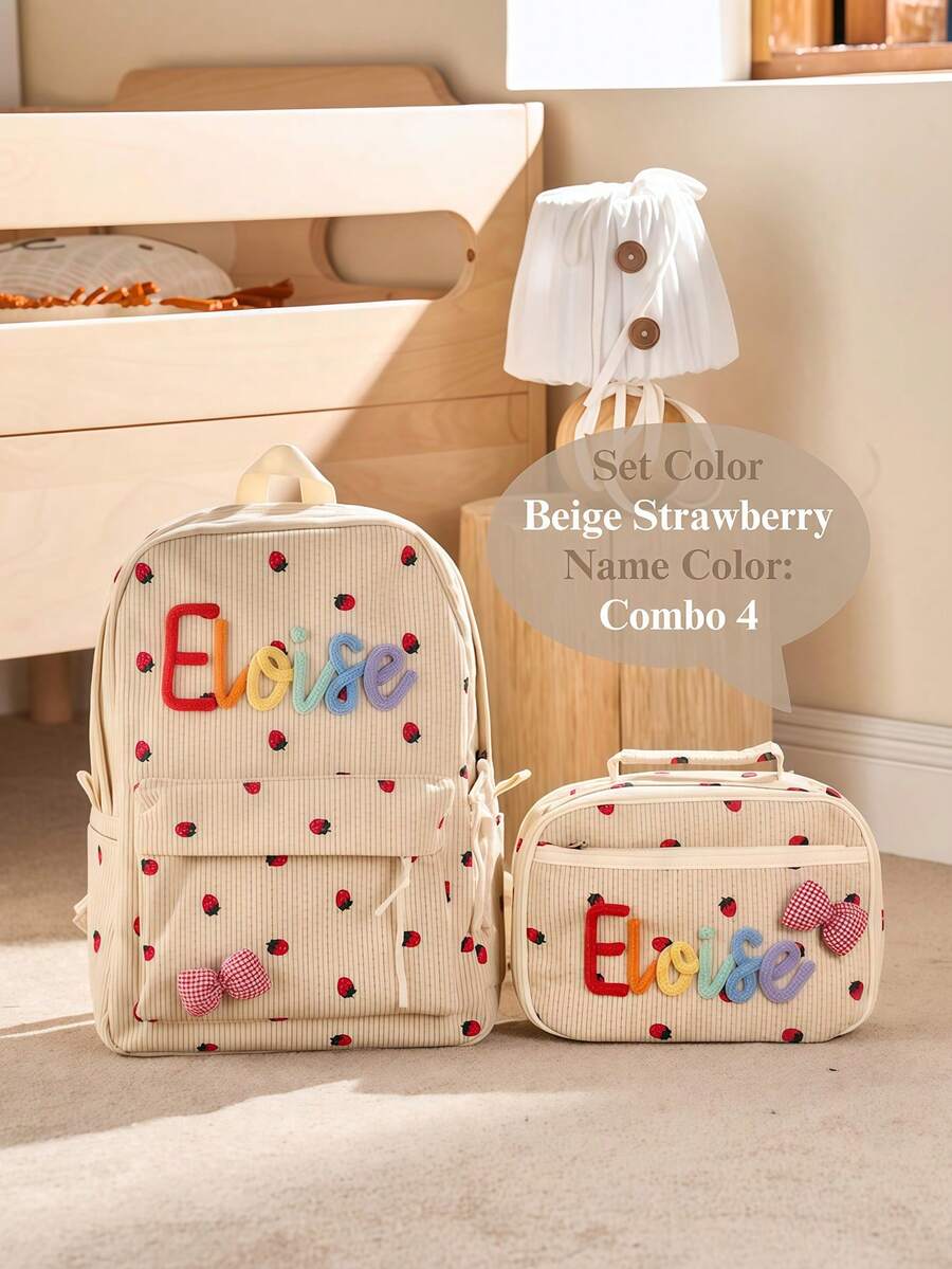 Personalized Kids Backpack and Lunch Box Set Custom Embroidered School Bag with Cute Animal Pendant