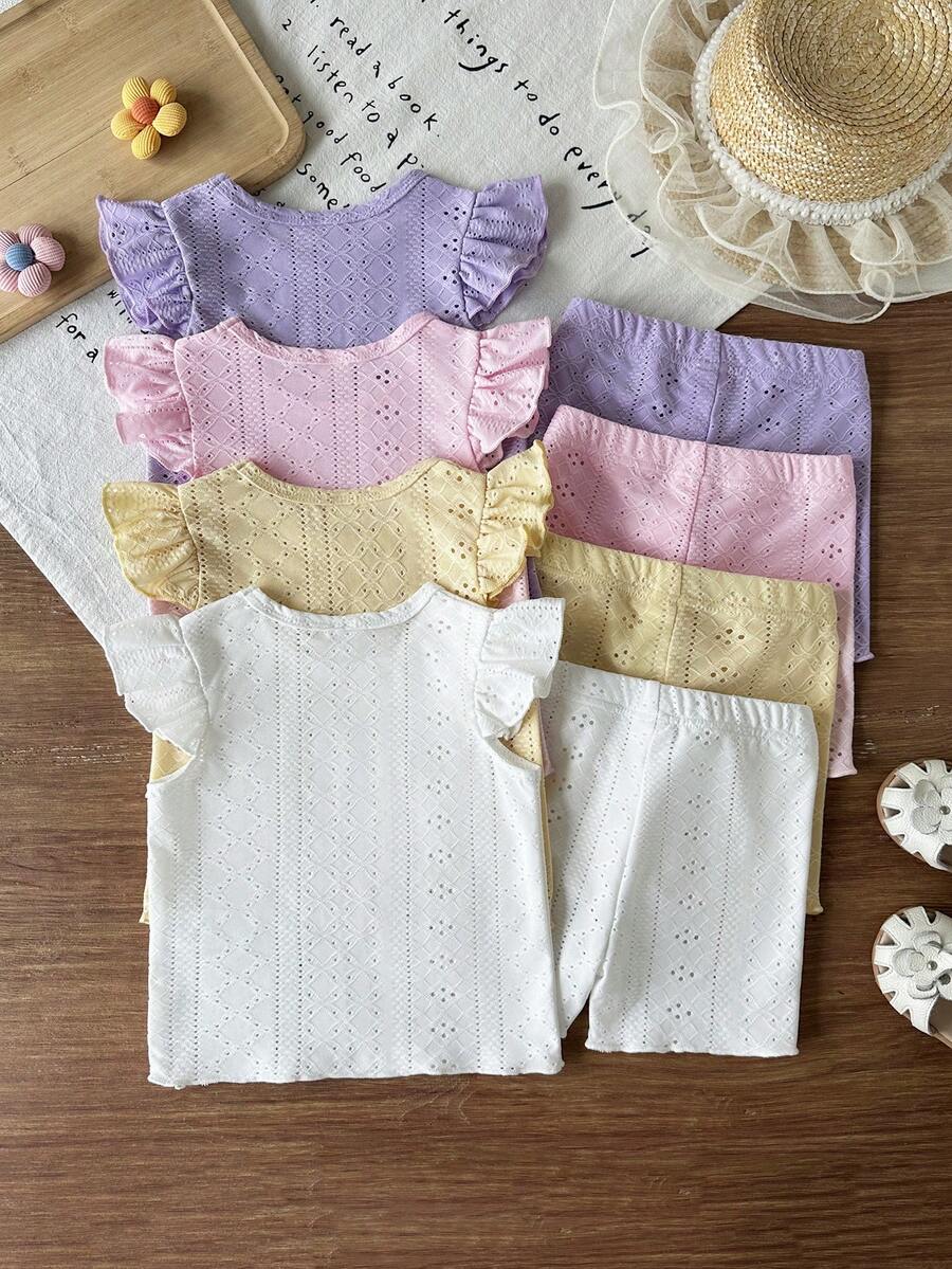 8-Piece Multi-Color Ribbed Short Sleeve Top and Shorts Set for Baby Girls