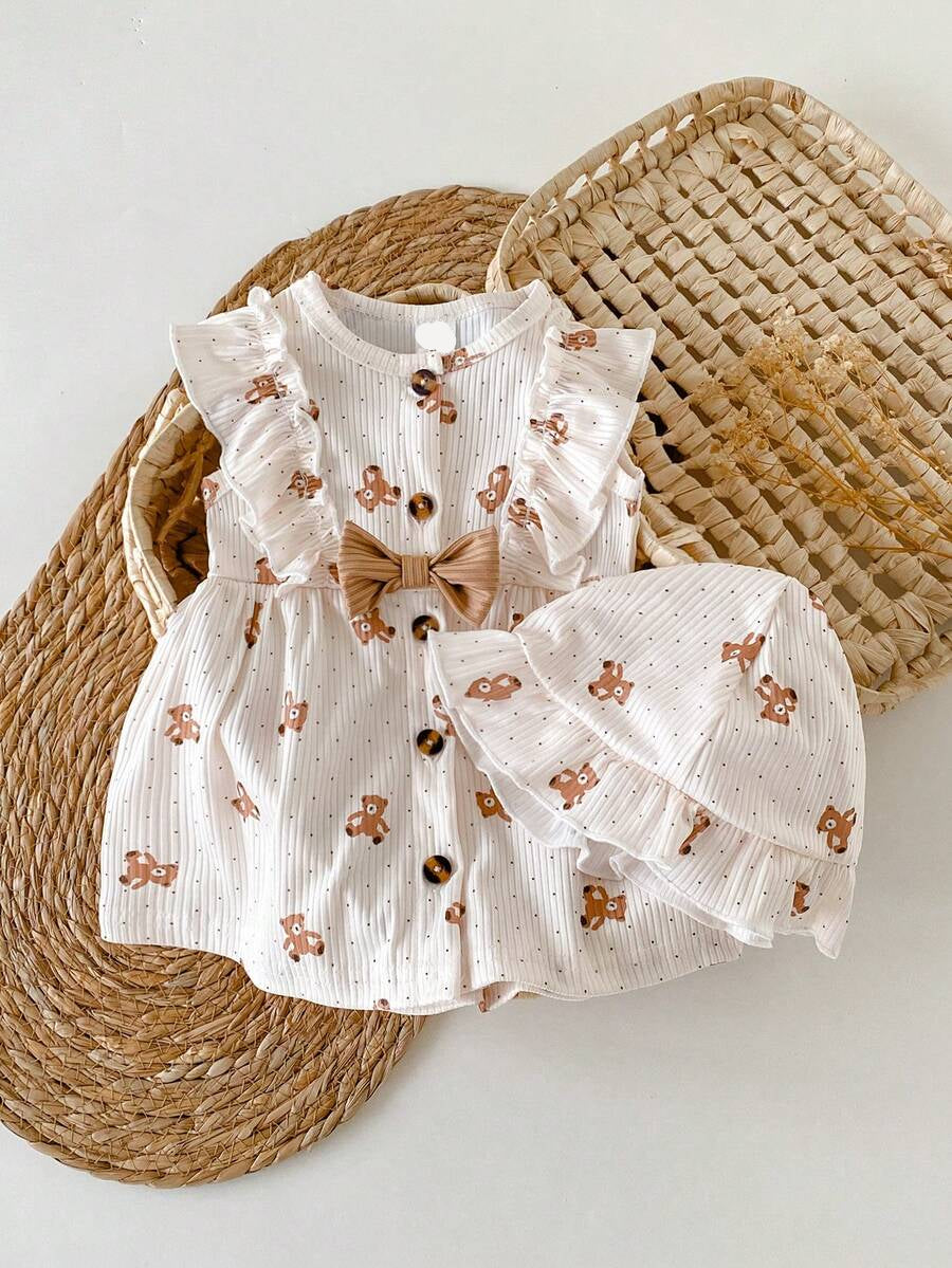 Baby Cherry Print Sleeveless Dress and Red Hat Set for Cute Summer Outings