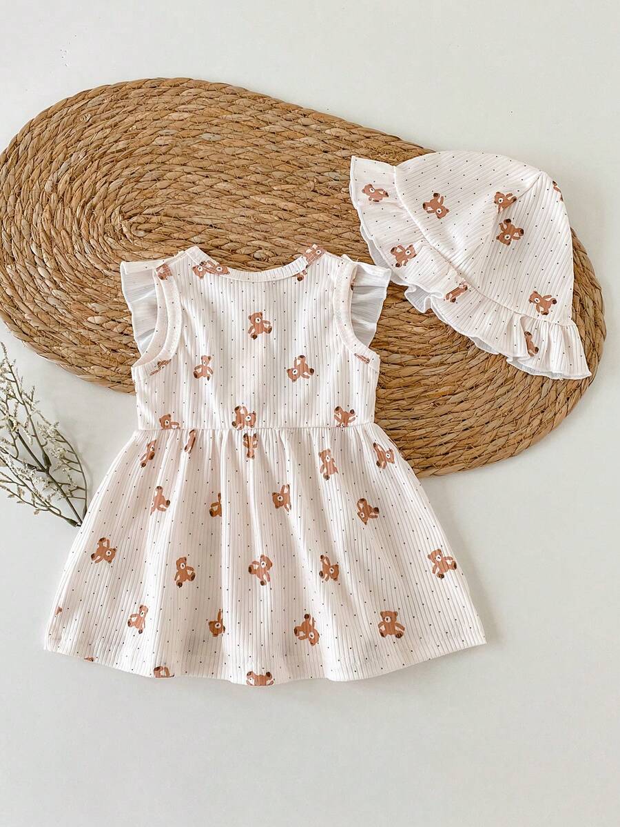 Baby Cherry Print Sleeveless Dress and Red Hat Set for Cute Summer Outings