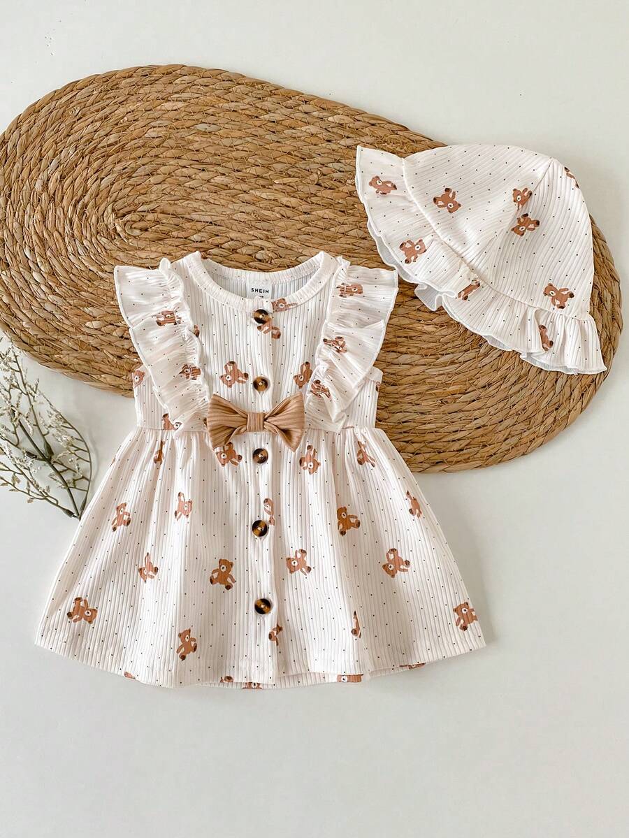 Baby Cherry Print Sleeveless Dress and Red Hat Set for Cute Summer Outings