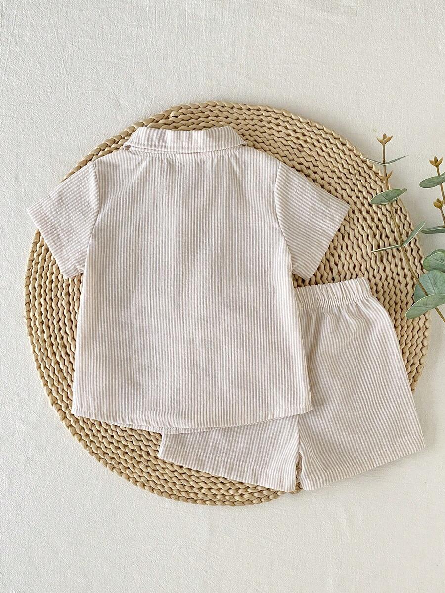 2pcs/Set Baby Boy Casual Striped Polo Collar Top & Shorts Summer Clothes