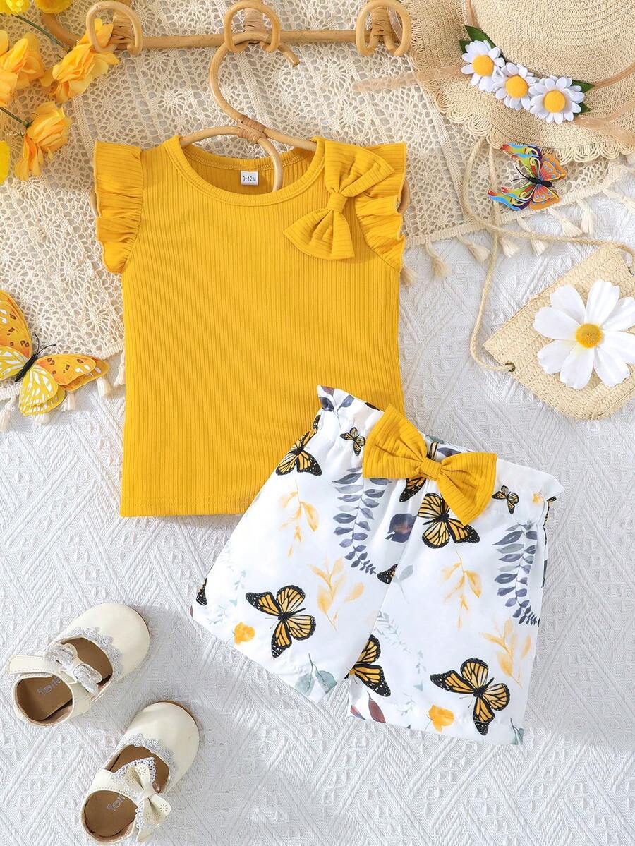 Infant Girls Cap Sleeve Bow Top with Butterfly Print Shorts Summer Set