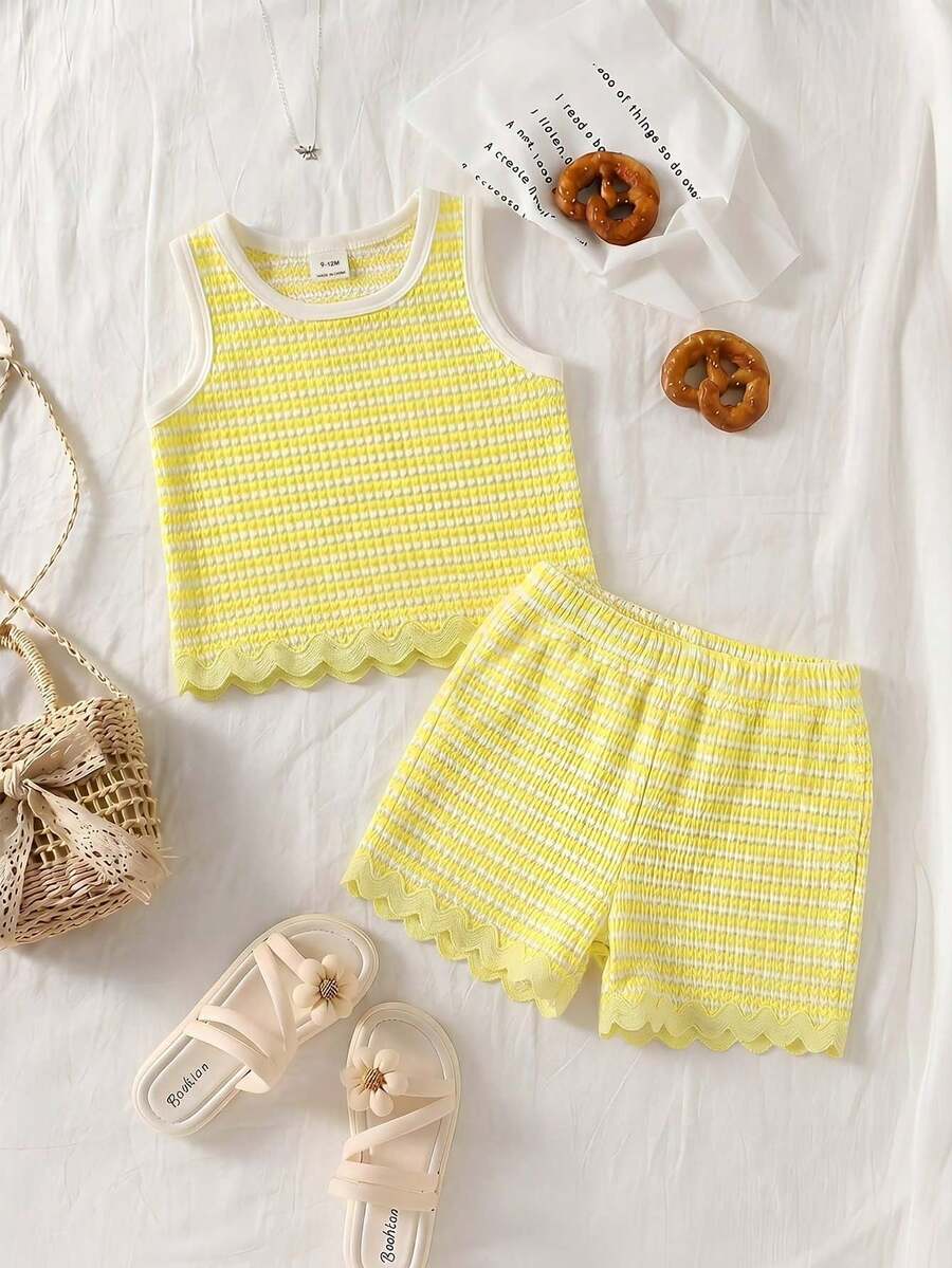 Two Piece Summer Clothing Set For Kids Girls Floral Knit Top And Shorts