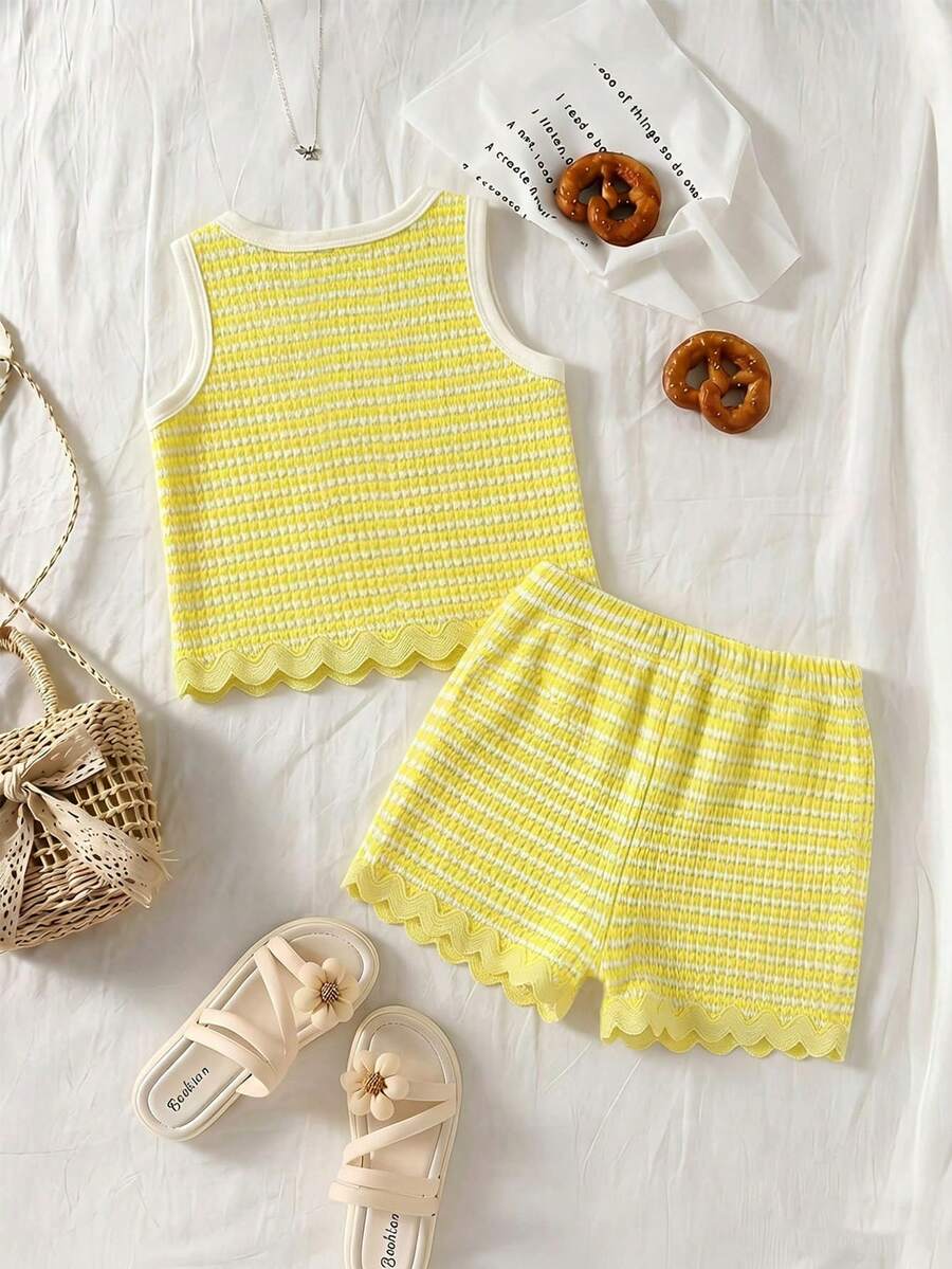 Two Piece Summer Clothing Set For Kids Girls Floral Knit Top And Shorts
